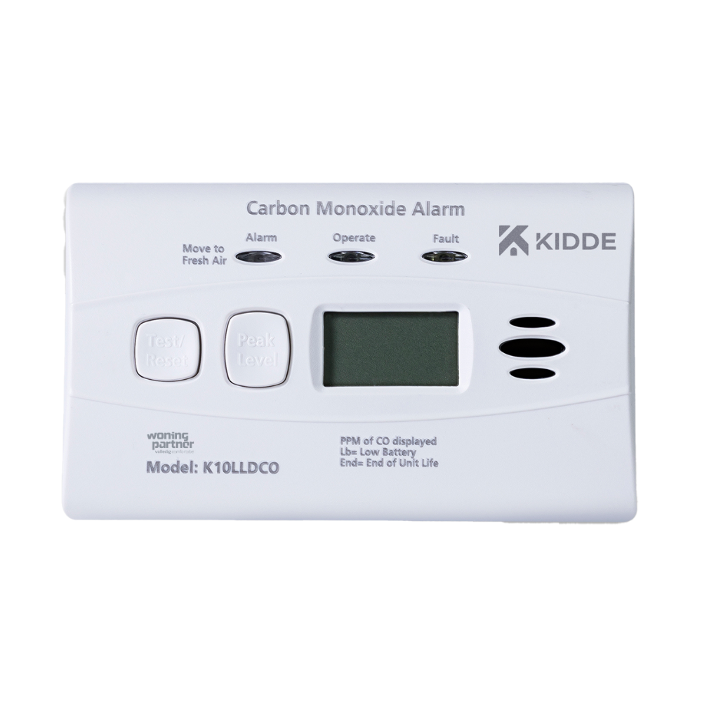 K10LLDCO Kidde koolmonoxidemelder met display. Voorzien van een vaste 10-jaars batterij.