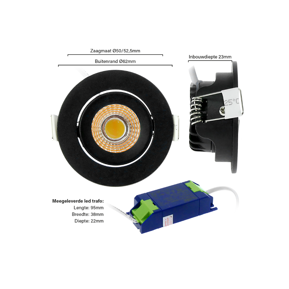 ED-10060 Led inbouwspot kleine inbouwdiepte IP54 dim to warm, rond, zwart, 55mm - Afbeelding 10