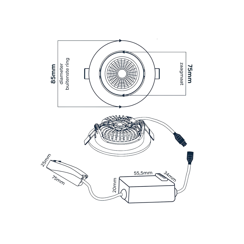ED-10081 Led inbouwspot kleine inbouwdiepte IP54 2700K/3000K/4000K rond, wit, 75mm - Afbeelding 8