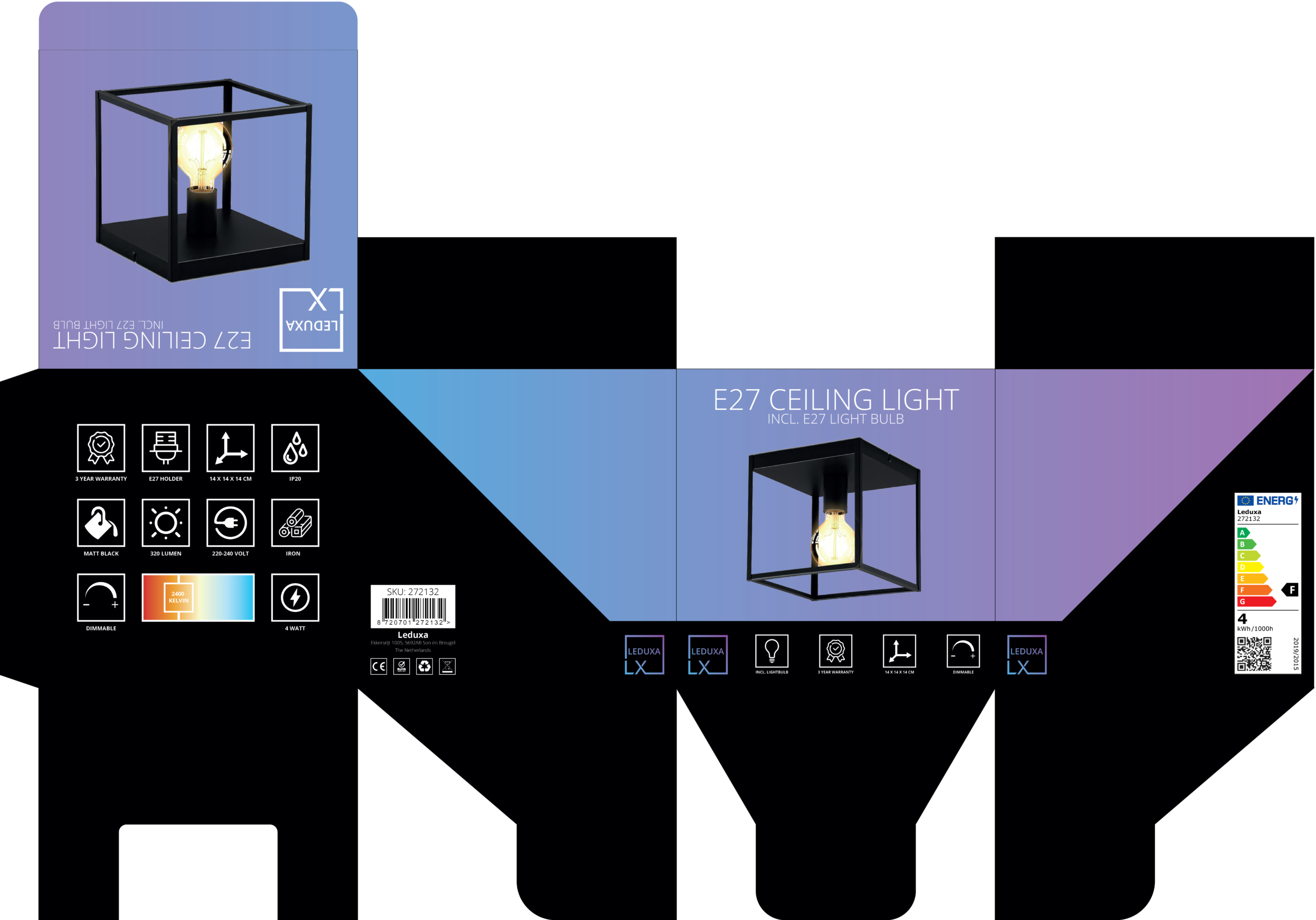 Industriële plafondlamp LEDUXA | vierkant | E27 | zwart - Afbeelding 6