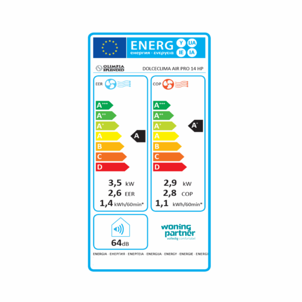 Dolceclima Air Pro 14 HP WiFi mobiele airco 3.5 kW energielabel A, koelvermogen en warmtepompfunctie.