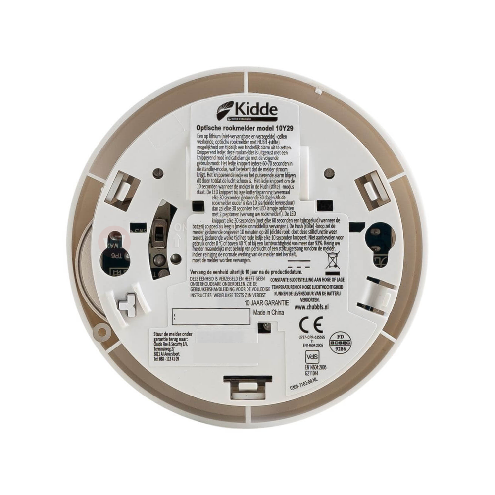 10y29 Kidde rookmelder 10 jaar lithium accu achterzijde 10y29 Kidde rookmelder 10 jaar lithium accu