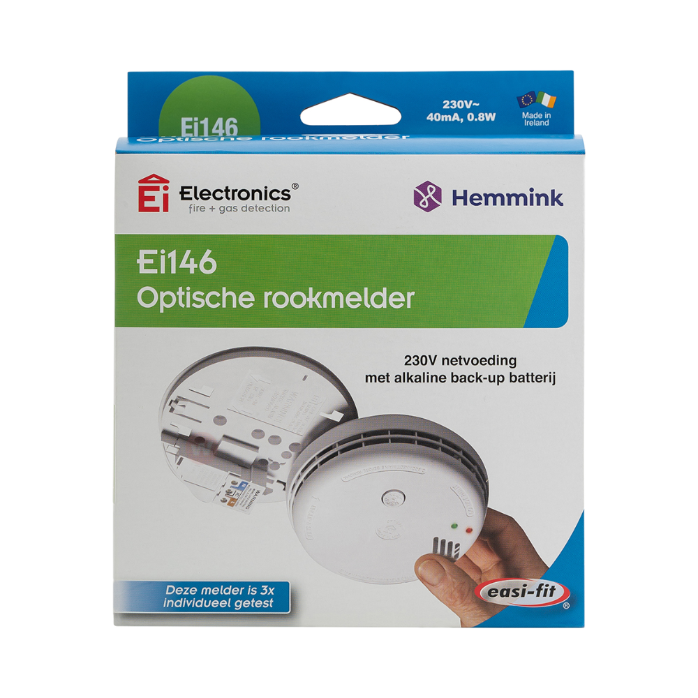 Ei146 optische rookmelder inclusief 9volt back-up batterij verpakking Ei146 optische rookmelder verpakking