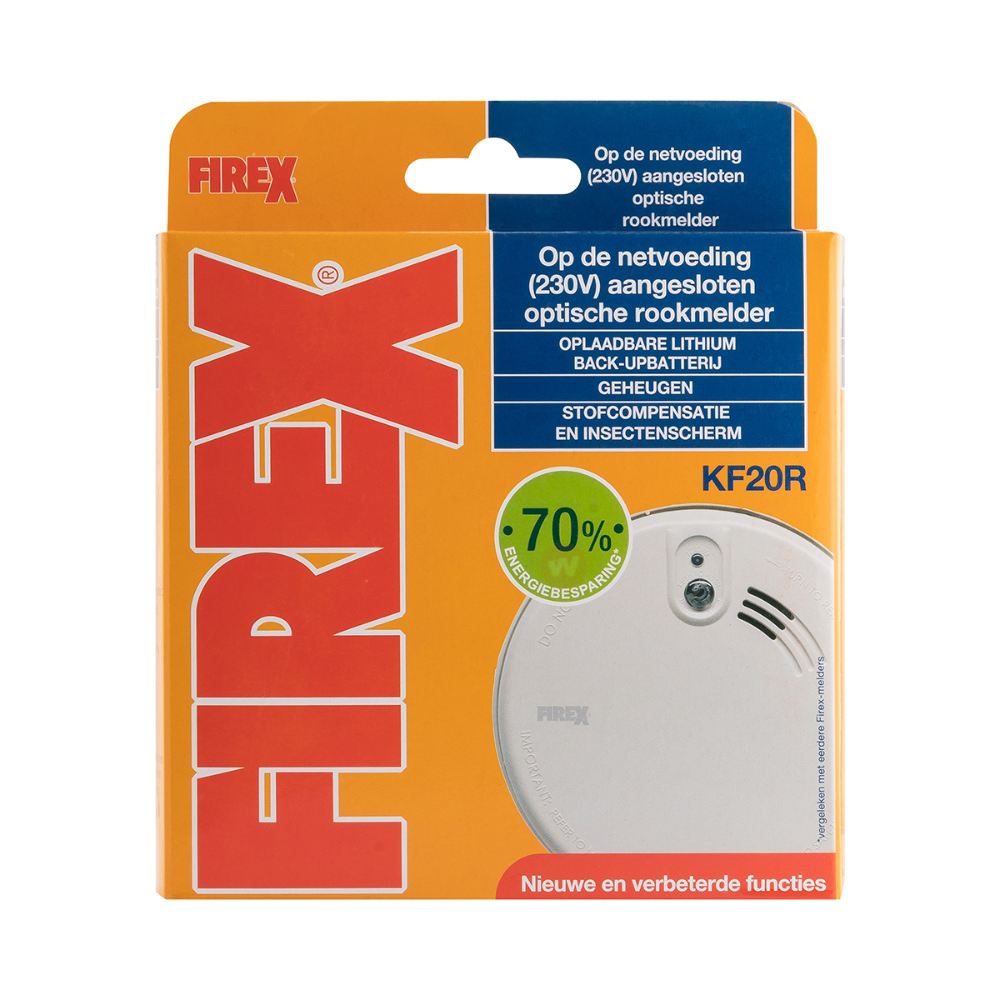 KF20R Firex 230volt optische rookmelder 10 jaar back-up lithium batterij Firex KF20R rookmelder verpakking 230 volt 10-jaars brandmelder.