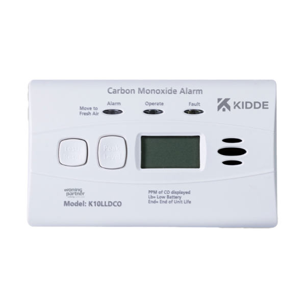 K10LLDCO Kidde koolmonoxidemelder met display. Voorzien van een vaste 10-jaars batterij.