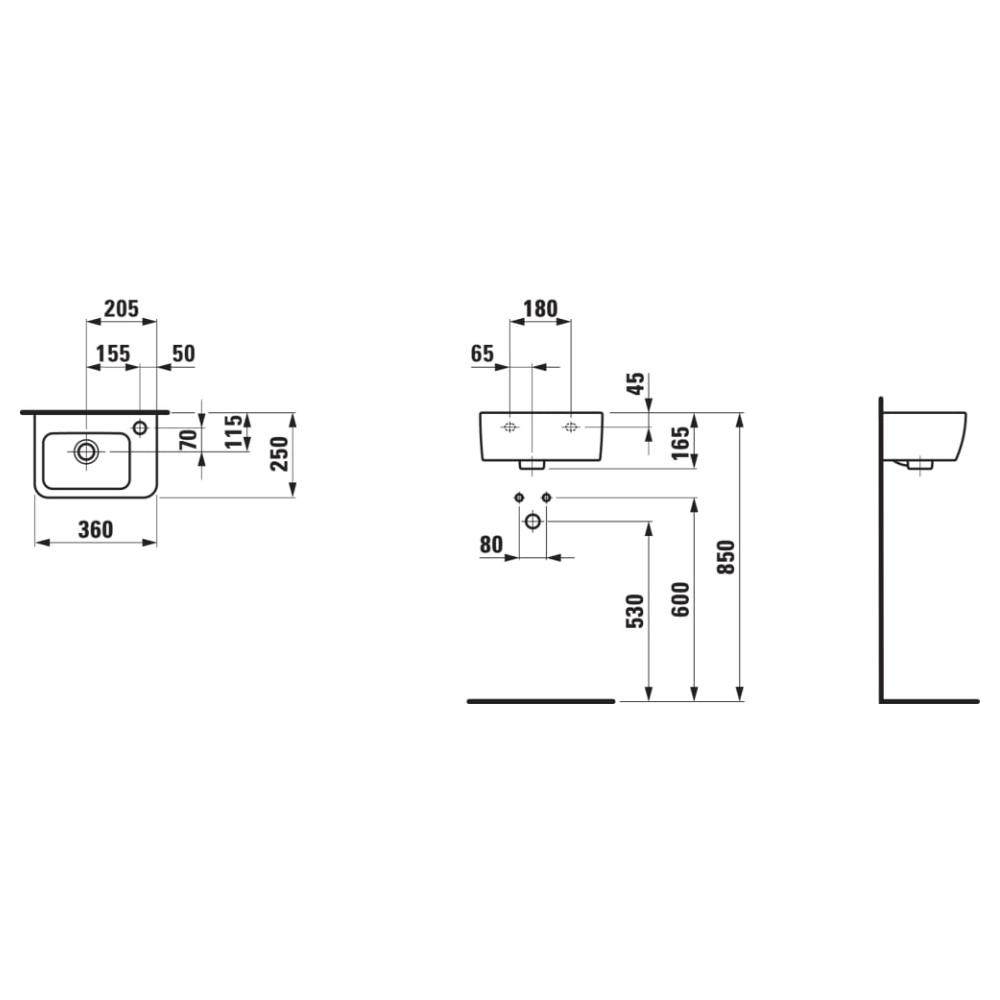 Laufen Pro A Wastafel – Fontein kraangat rechts _ technische maatvoering. Laufen Pro A Wastafel - Fontein met kraangat rechts | wit - Afbeelding 4