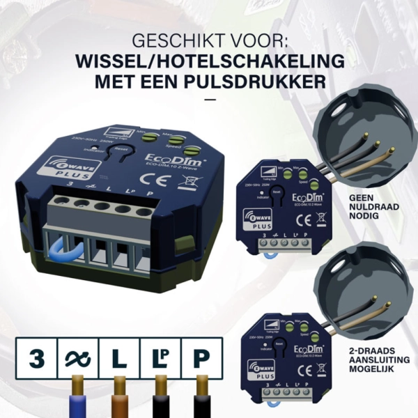 EcoDim.10 Z-Wave voorbeeld aansluiting Wissel/hotelschakeling EcoDim.10 Z-Wave voorbeeld aansluiting Wissel/hotelschakeling