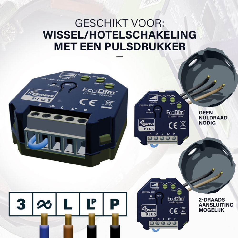 EcoDim.10 Z-Wave led dimmer_wissel_hotelchakeling_pulsdrukker EcoDim.10 Z-Wave voorbeeld aansluiting Wissel/hotelschakeling