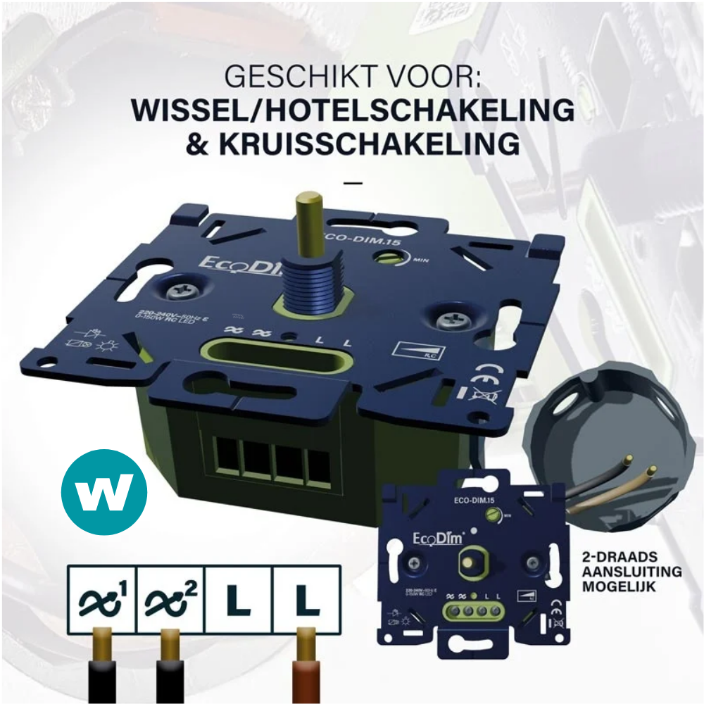 EcoDim.15 Led dimmer 0-150W_wissel_hotel_kruisschakeling EcoDim.15 voorbeeld mogelijke aansluitingen