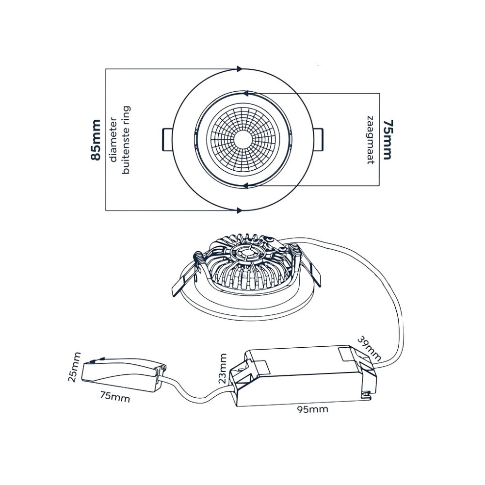 EcoDim_ED-10079 Zigbee_afmetingen ED-10079 Zigbee led inbouwspot kleine inbouwdiepte IP54 RGB/2700K-6000K, rond, wit, 75mm - Afbeelding 7