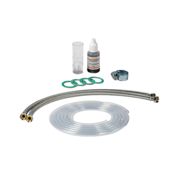 AQMOS BMX-32 waterontharder meterkast aansluitset met slangen, koppelingen en testset.
