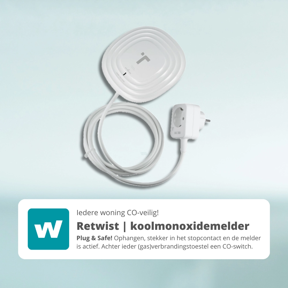 Retwist slimme koolmonoxidemelder 230 volt met CO-switch, direct in stopcontact te gebruiken voor veilige cv-ketels.