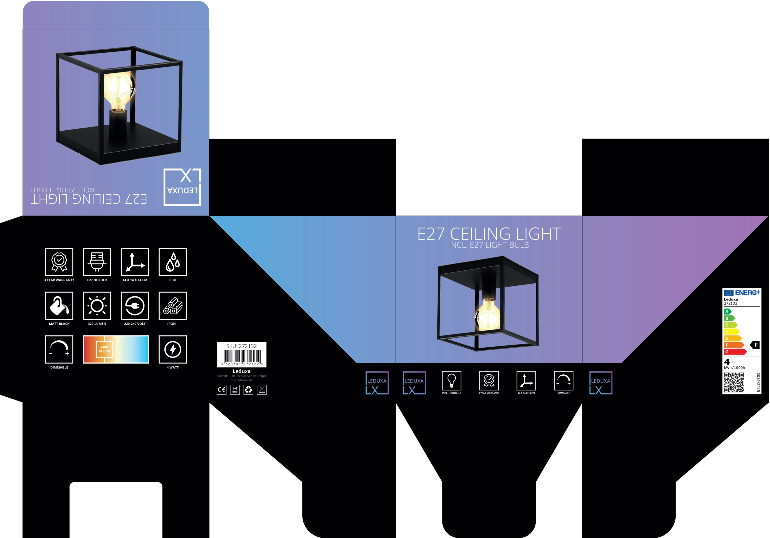 Industriële plafondlamp LEDUXA | vierkant | E27 | zwart - Afbeelding 6