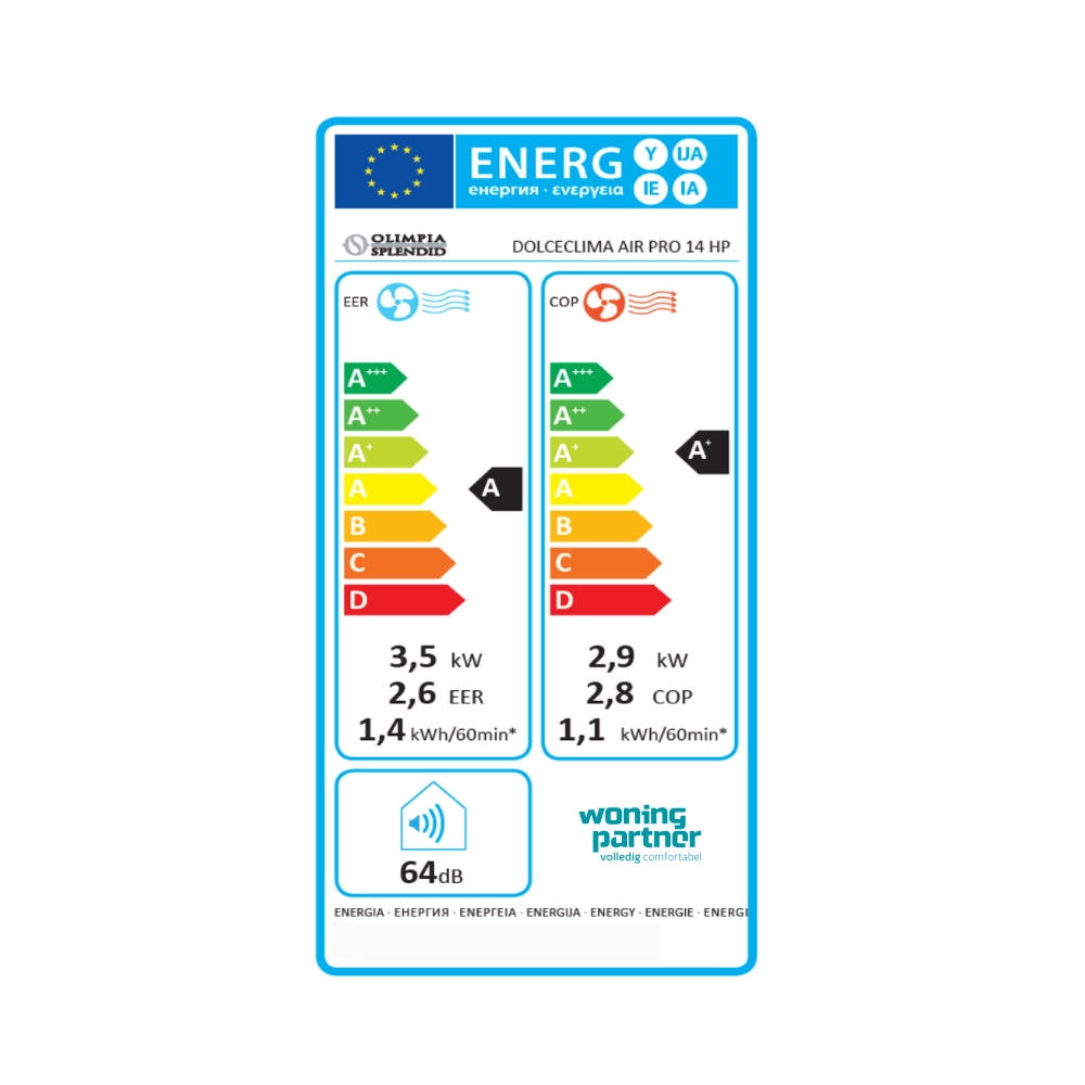 Dolceclima Air Pro 14 HP WiFi mobiele airco 3.5 kW energielabel A, koelvermogen en warmtepompfunctie.